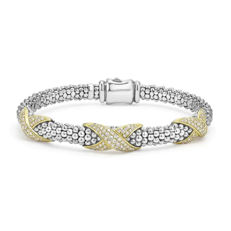 luxury bangles for women -Lagos Embrace Three Station Diamond X Caviar Bracelet, 6mm