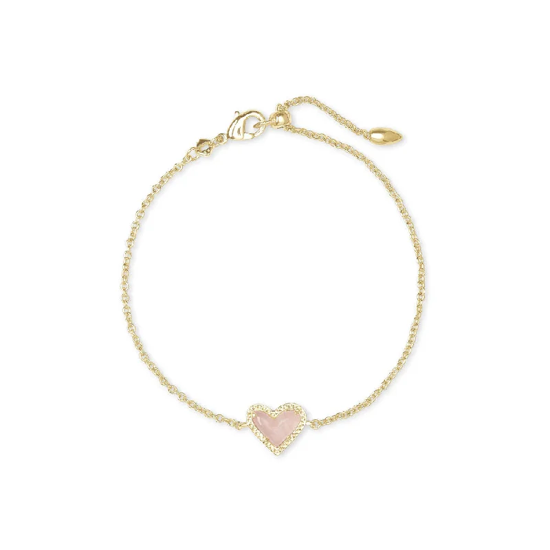 stretchy bangles for women -Kendra Scott Ari Heart Gold Delicate Chain Bracelet in Rose Quartz