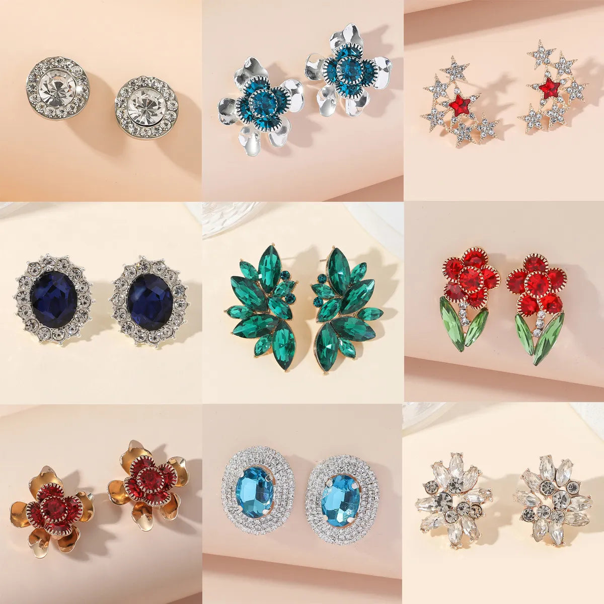 cushion cut halo engagement rings for women -1 Pair Glam Star Flower Plating Inlay Alloy Artificial Diamond Ear Studs