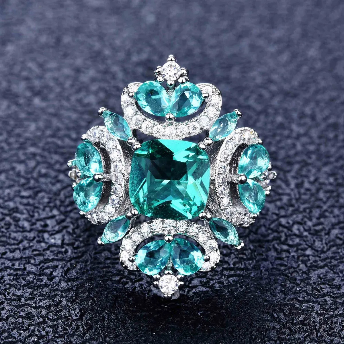 halo engagement rings for women -Retro Micro-embellished Diamond Imitation Natural Paraiba Green Diamond Copper Ring