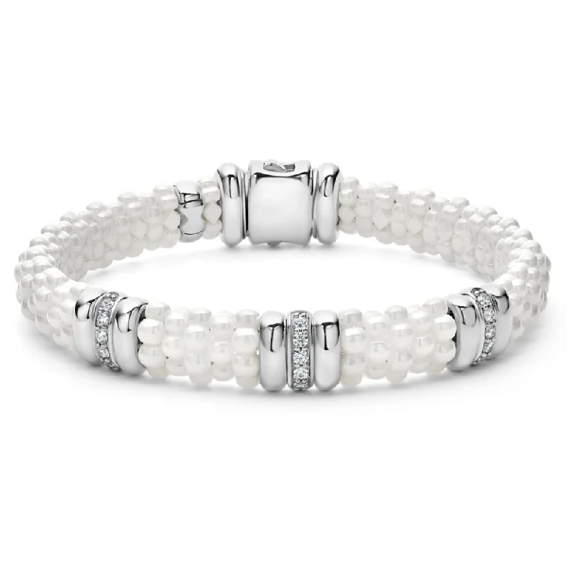 engraved bracelets for women -Lagos White Caviar Three Station Ceramic Diamond Bracelet