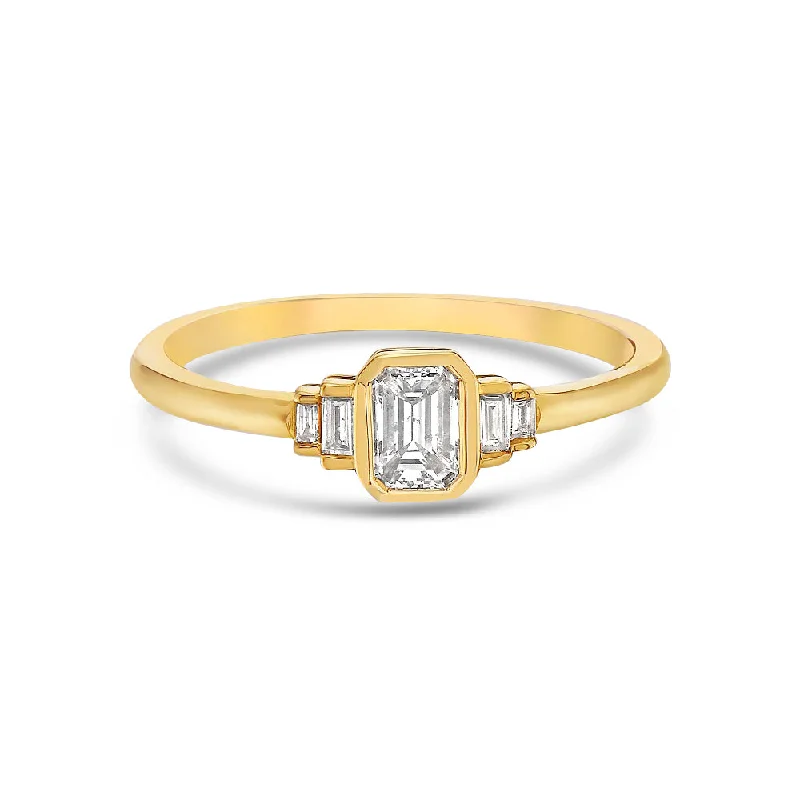 double band engagement rings for women -Emerald Cut Diamond & Baguette Ring (0.44 ct.) Bezel Set in 14K Gold