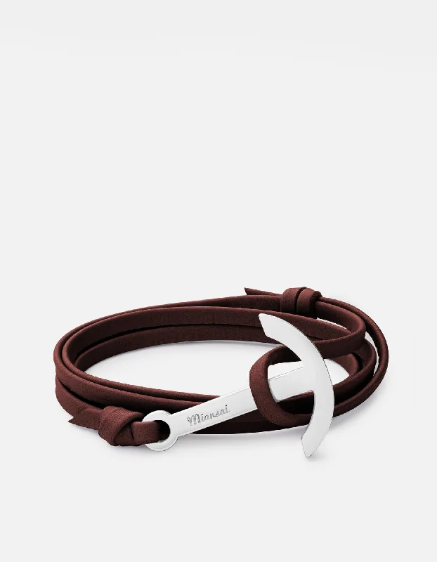 rose gold bracelets for women -Modern Anchor on Leather Bracelet, Polished Silver