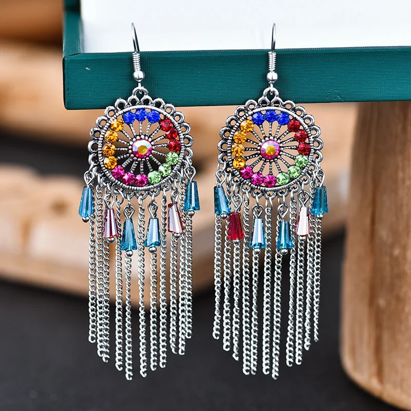 fancy engagement rings for women -1 Pair Ethnic Style Round Tassel Alloy Plating Inlay Artificial Diamond Women's Drop Earrings