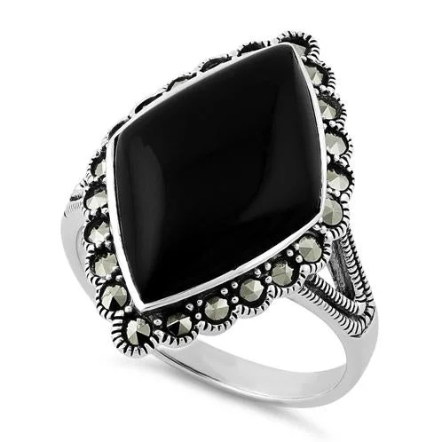 solitaire engagement rings for women -Sterling Silver Black Onyx Diamond Shape Marcasite Ring