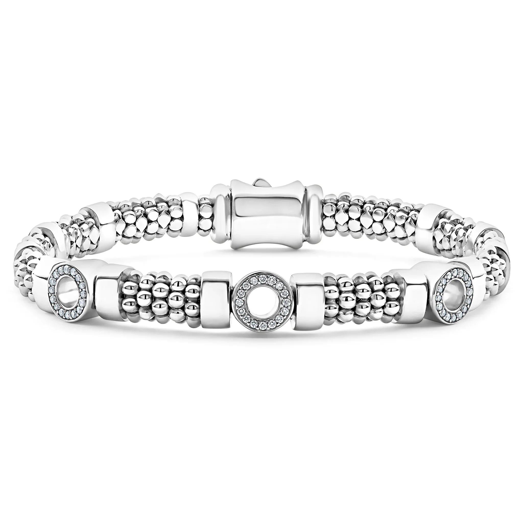 lucky bracelets for women -Three Station Diamond Circle Caviar Bracelet | 6mm