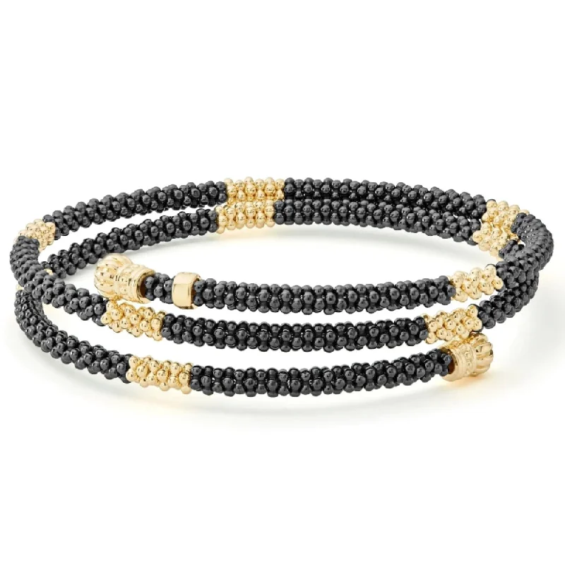 tennis bracelets for women -Lagos 18k Gold Black Caviar Small Station Ceramic Wrap Bracelet, 3mm