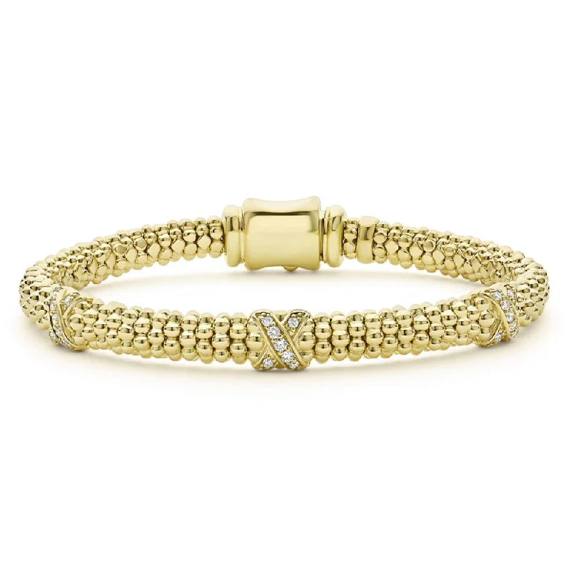 luxury bangles for women -Lagos Embrace 18k Gold Three Station X Diamond Caviar Bracelet, 6mm