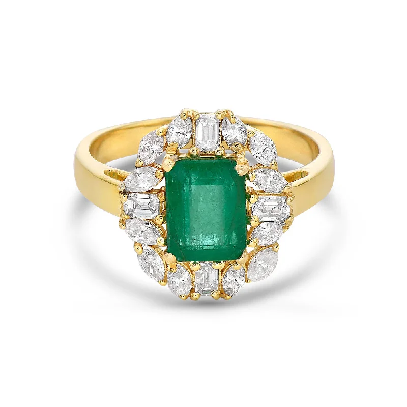 engagement rings with baguette diamonds for women -Emerald Cut Emerald & Multi Shape Diamond Cocktail Ring (2.30 ct.) in 14K Gold