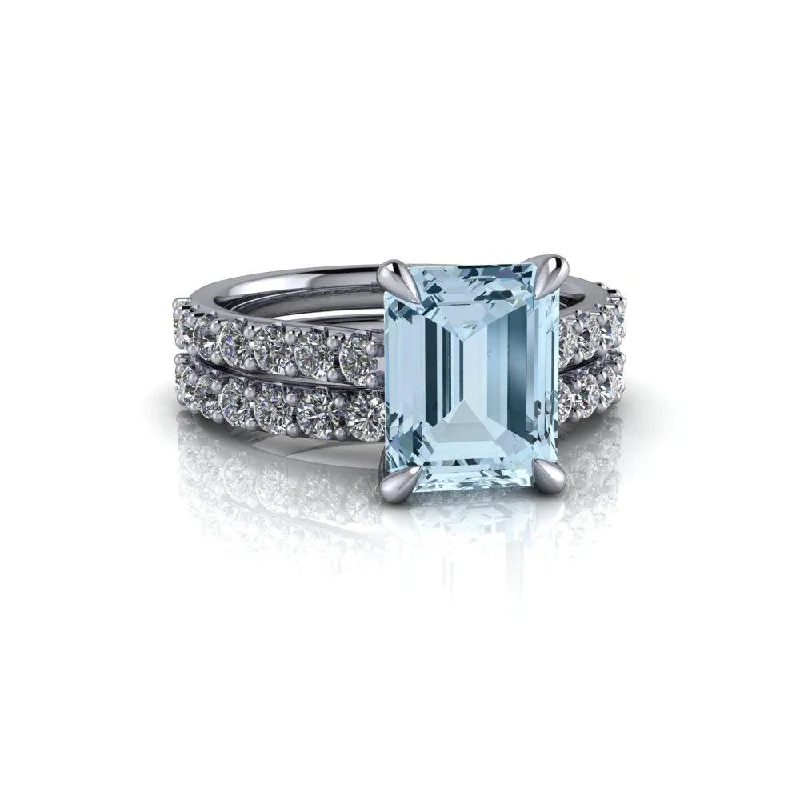 engagement rings with side stones for women -3.00 CTW Emerald Cut Aquamarine & Diamond Bridal Set