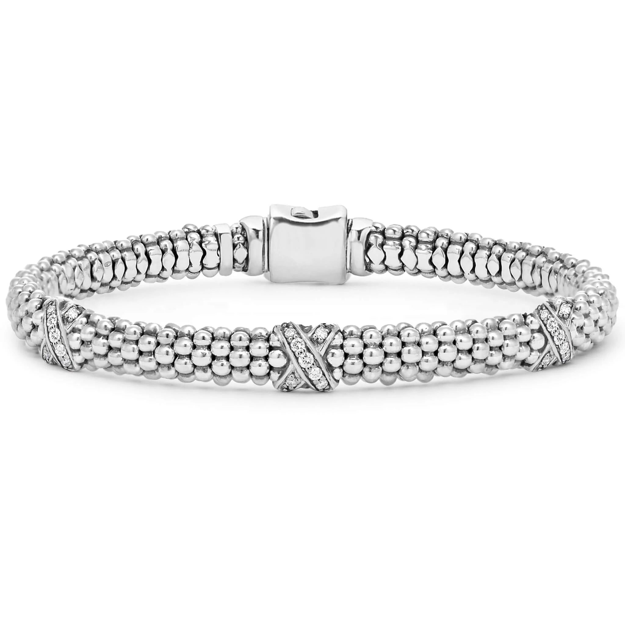 embossed bangles for women -Lagos Lux Three Station Silver X Diamond Bracelet 6mm