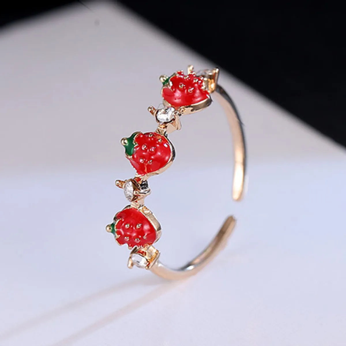 unique engagement rings with diamonds for women -Creative Fashion Red Strawberry Inlaid Diamond Copper Open Ring