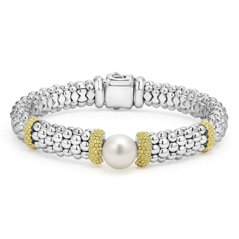 gold tennis bracelets for women -Lagos Luna Two-Tone Pearl Caviar Bracelet, 9mm