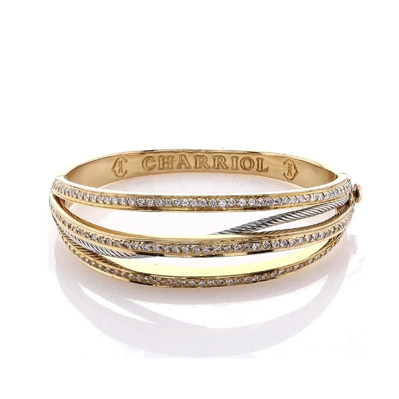 etched bracelets for women -Estate Charriol 18k Yellow Gold Multi Row Diamond Hinged Bangle Bracelet